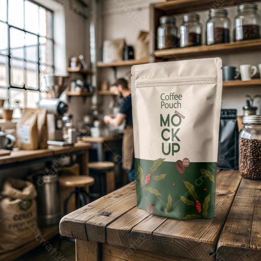 Mockup Embalagem Café Pouch Frontal Mesa Madeira Editável