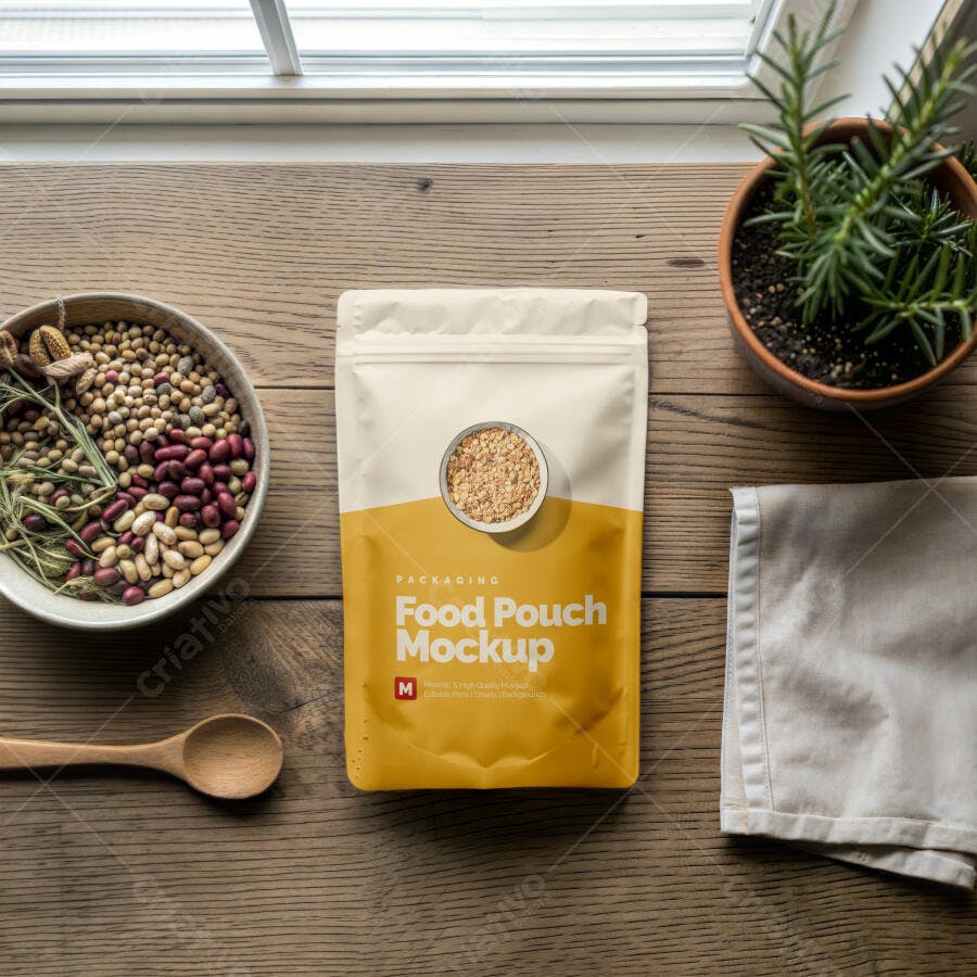 Mockup Embalagem Pouch Alimentos Flat Lay Mesa Madeira Editável