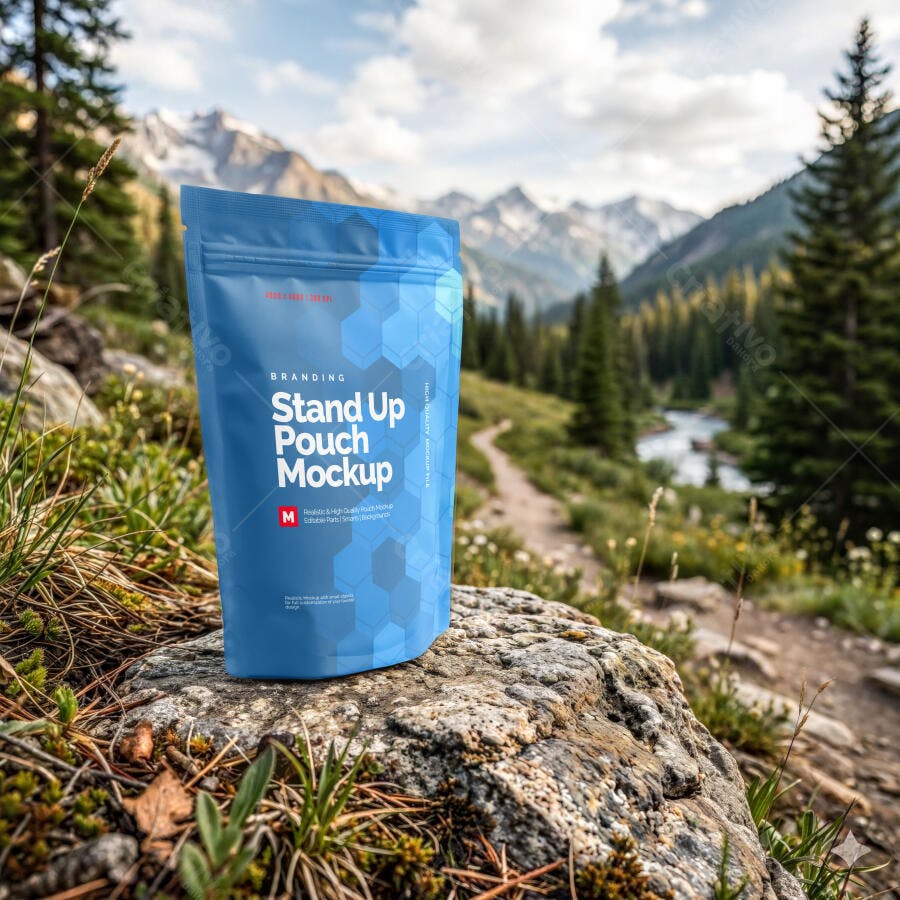 Mockup Embalagem Stand Up Pouch Cenário Montanha Editável