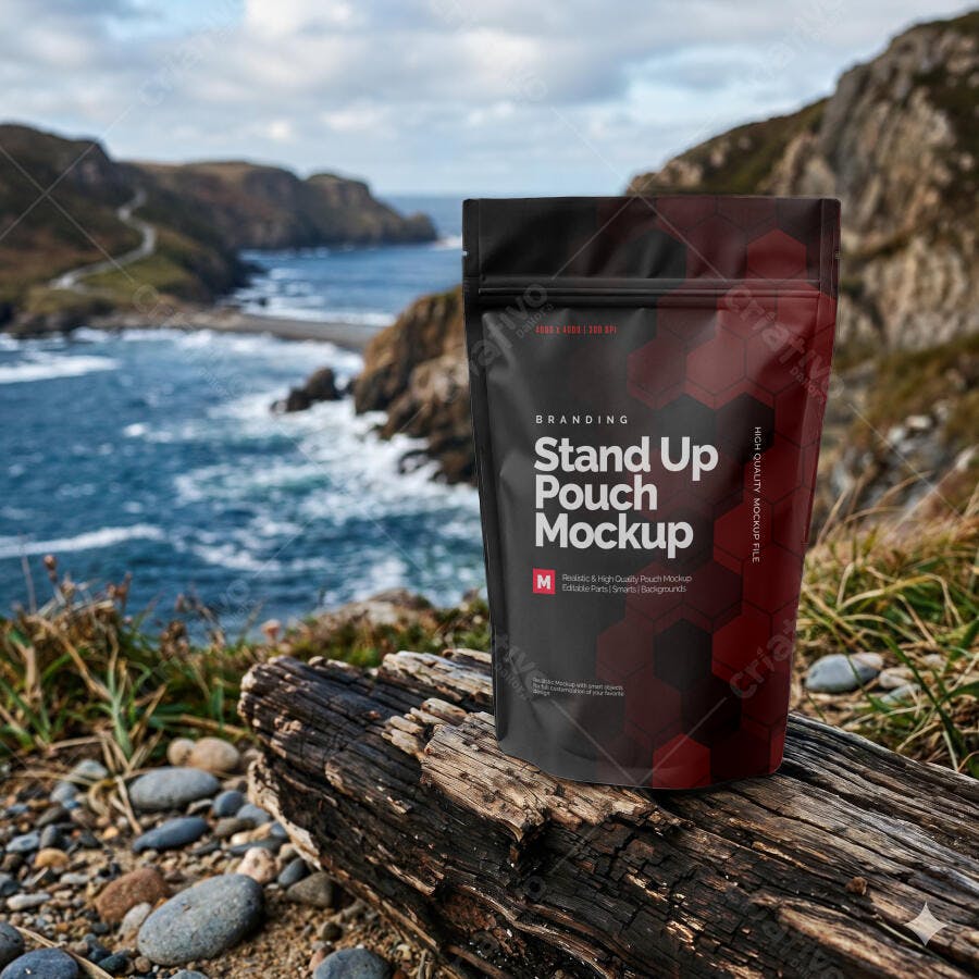 Mockup Embalagem Stand Up Pouch Preto Cenário Externo Editável