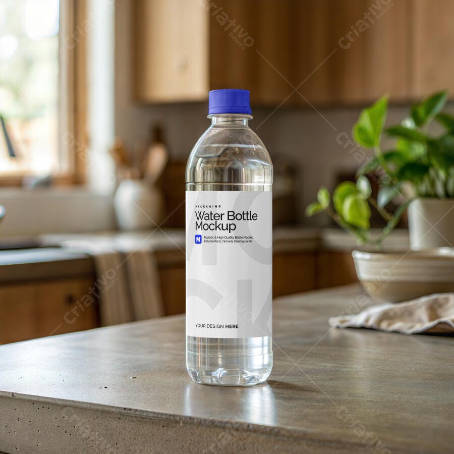 Mockup Garrafa Água Plástico Cozinha Realista Editável