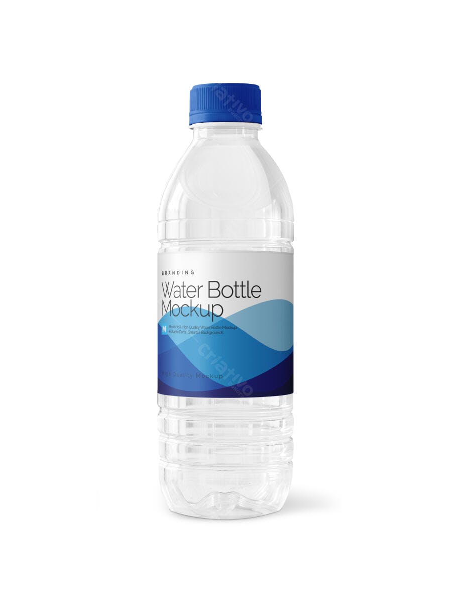 Mockup Garrafa Água Plástico Transparente Tampa Azul Editável