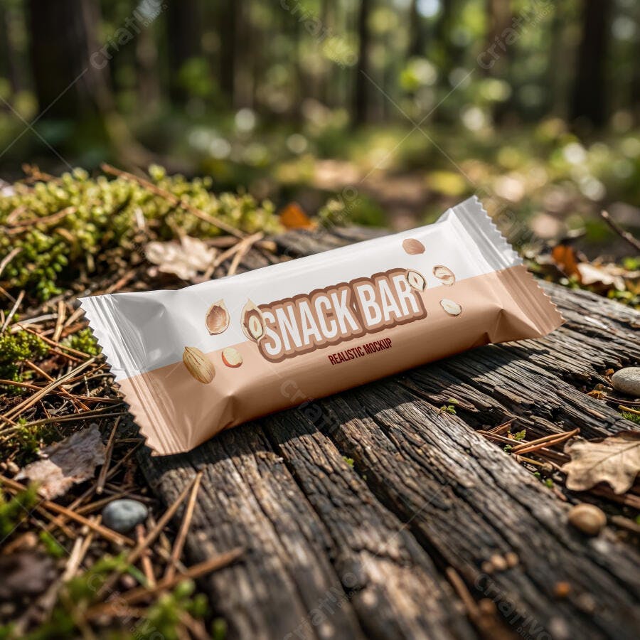 Mockup Realista Embalagem Barra Cereal Plástico Tronco Madeira Editável