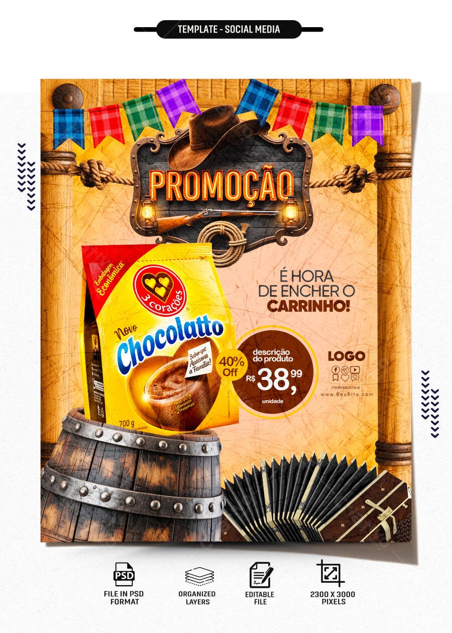 Post Instagram Festa Junina Promoção Supermercado PSD Editável