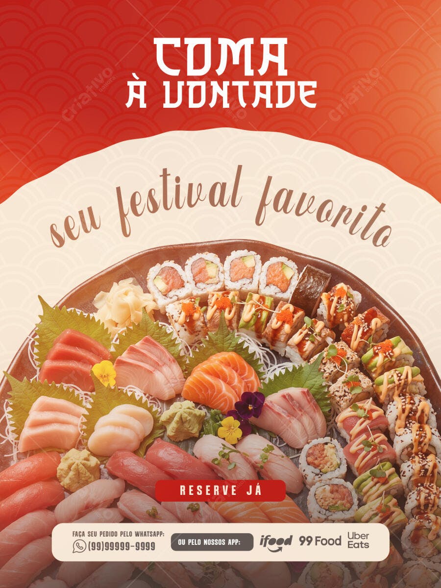 Post Instagram Sushi Coma à Vontade Restaurante PSD Editável