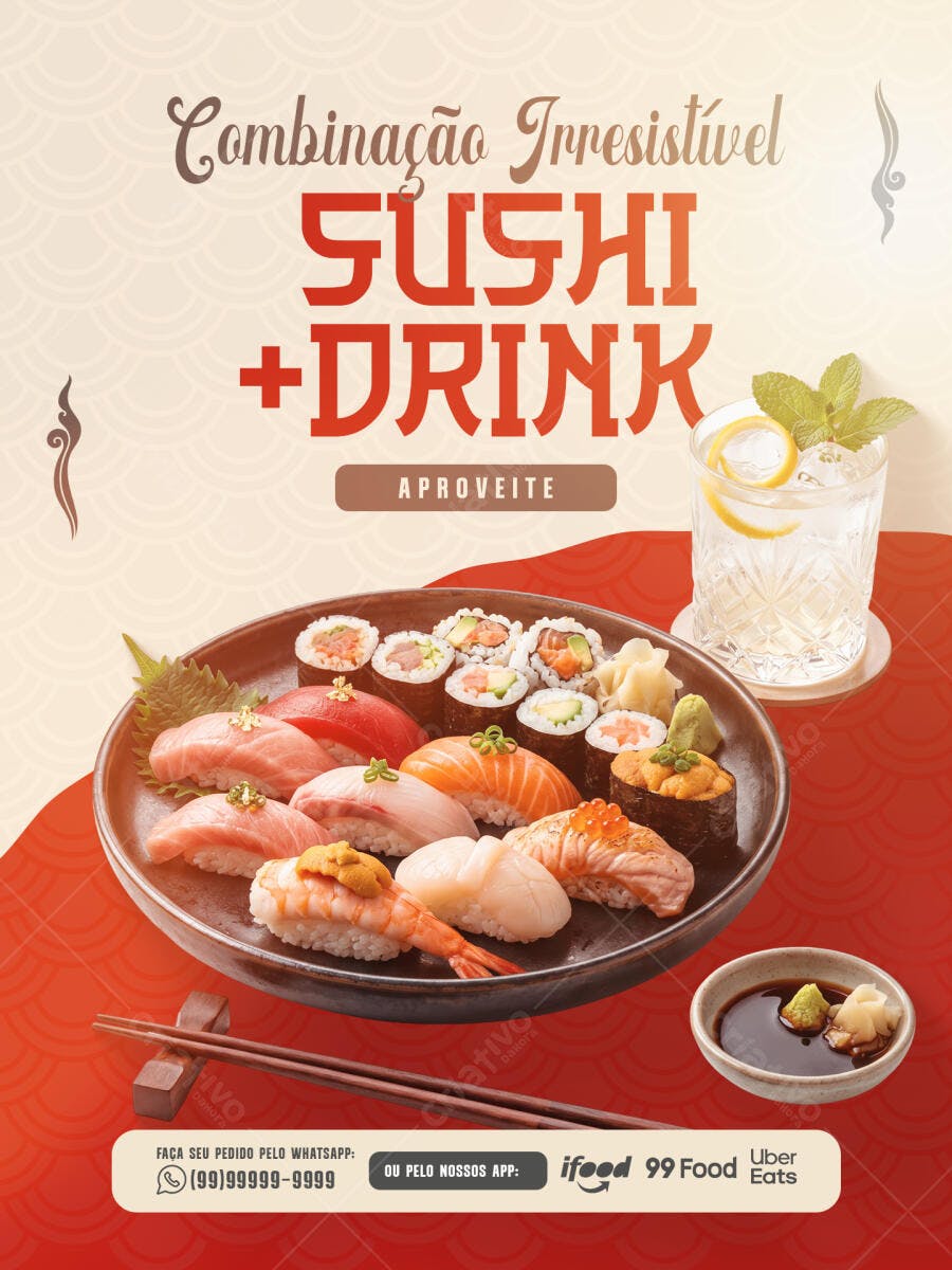 Post Instagram Sushi Drink Restaurante Japonês PSD Editável