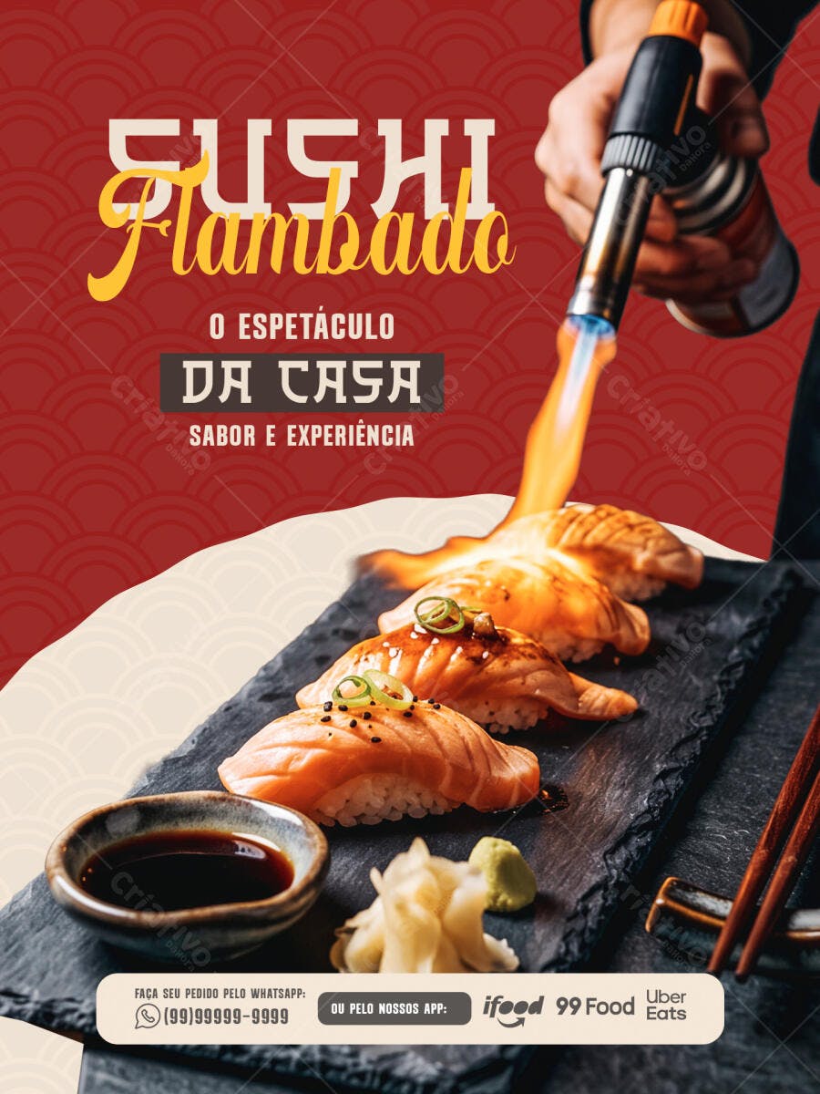 Post Instagram Sushi Flambado Restaurante PSD Editável