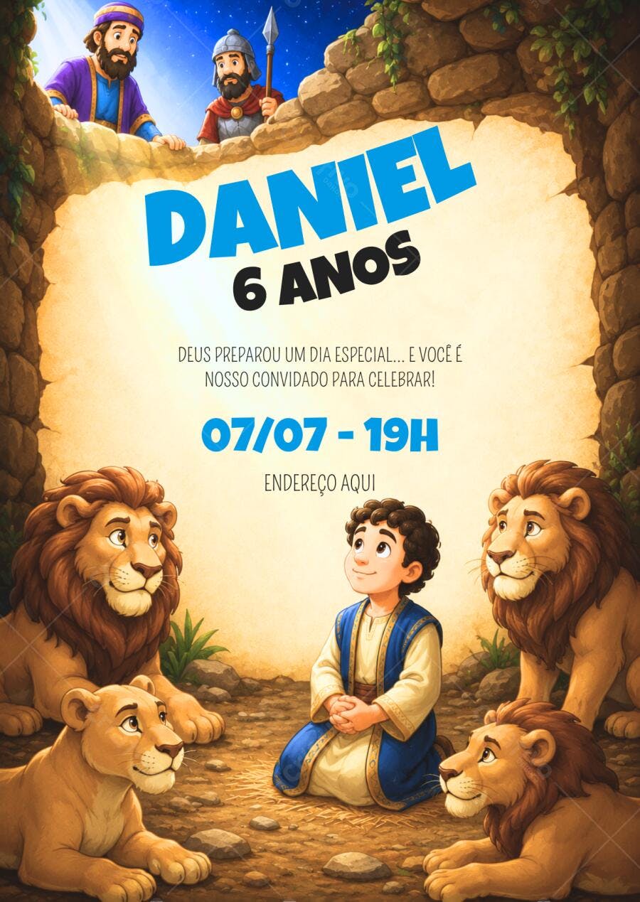 Convite Aniversário Daniel na Cova dos Leões 6 Anos Editável