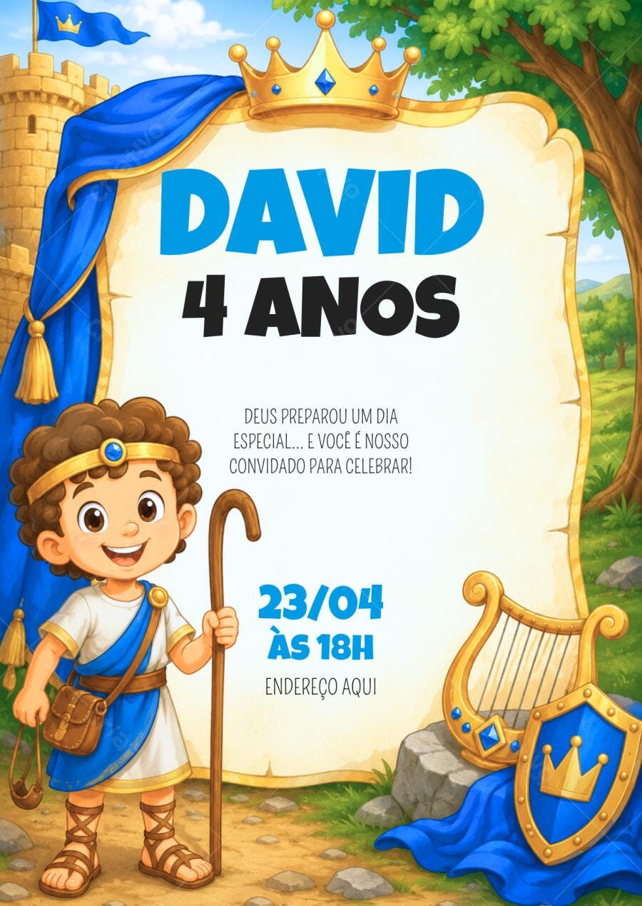Convite Aniversário Davi 4 Anos Rei Pastor Editável