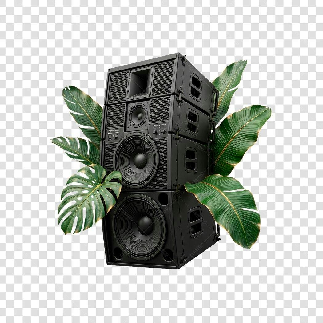 Elemento 3D Caixa de Som Tropical Folhas PNG Fundo Transparente