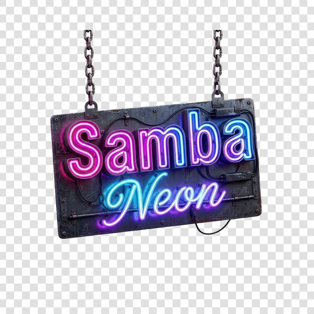 Elemento 3D Placa Neon Samba Neon Rosa Azul PNG Fundo Transparente