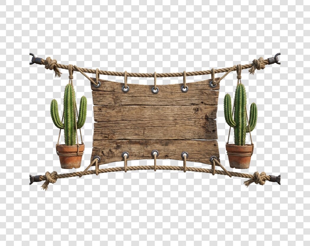 Elemento Decorativo Placa Madeira Cactos Corda PNG Fundo Transparente