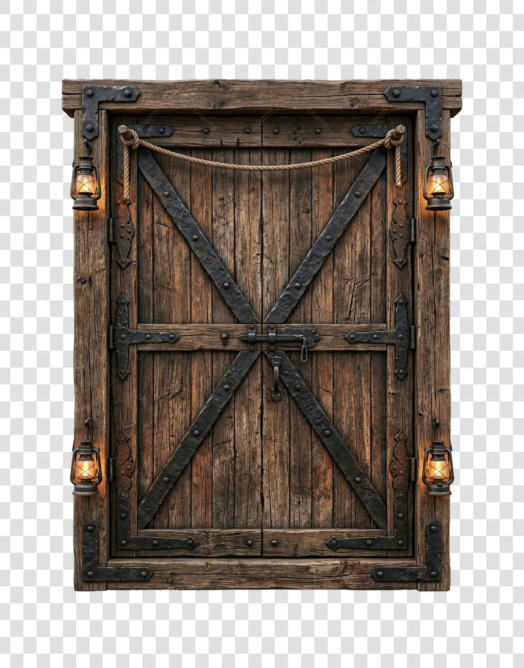 Foto Recortada Porta Madeira Rústica Lampiões PNG Fundo Transparente