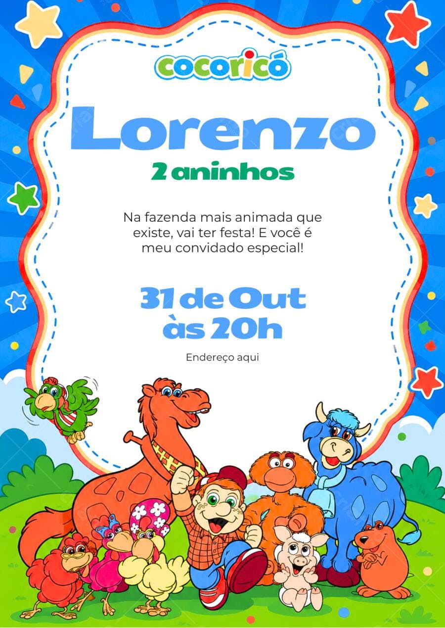 Convite Aniversário Cocoricó 2 Aninhos Editável