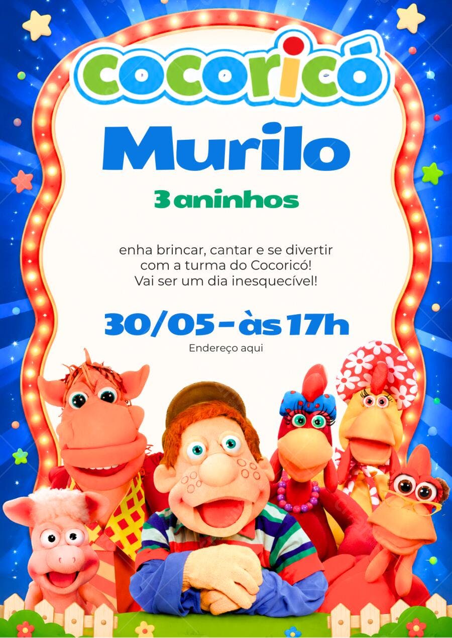 Convite Aniversário Cocoricó 3 Anos Editável Digital