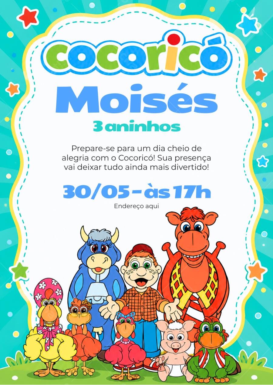 Convite Aniversário Cocoricó 3 Anos Editável