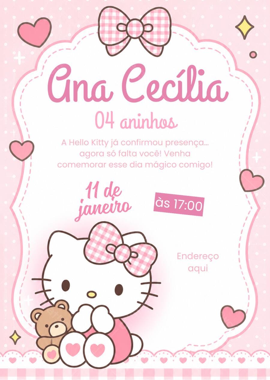 Convite Aniversário Hello Kitty 4 Anos Editável