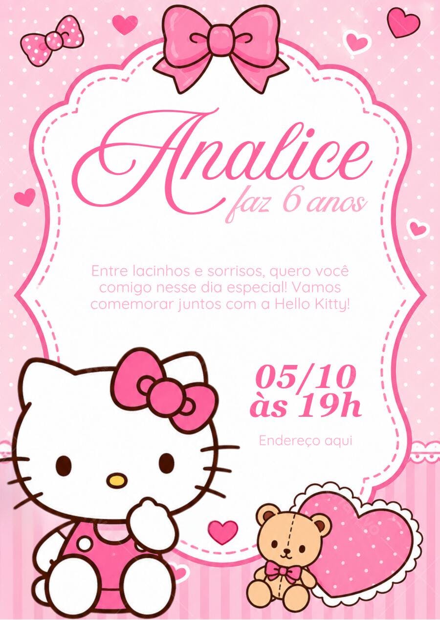 Convite Aniversário Hello Kitty 6 Anos Editável Rosa