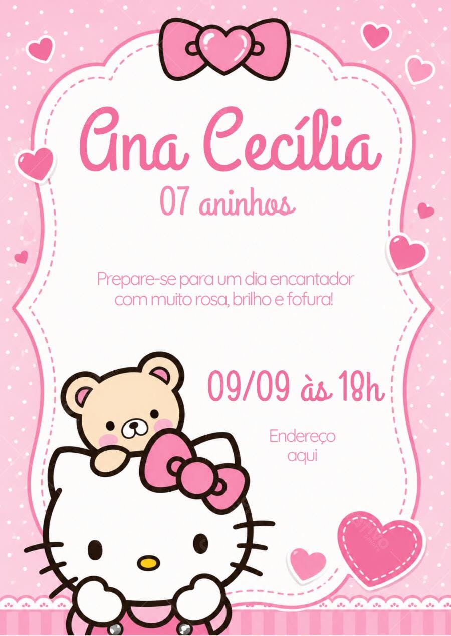 Convite Aniversário Hello Kitty 7 Anos Rosa Editável