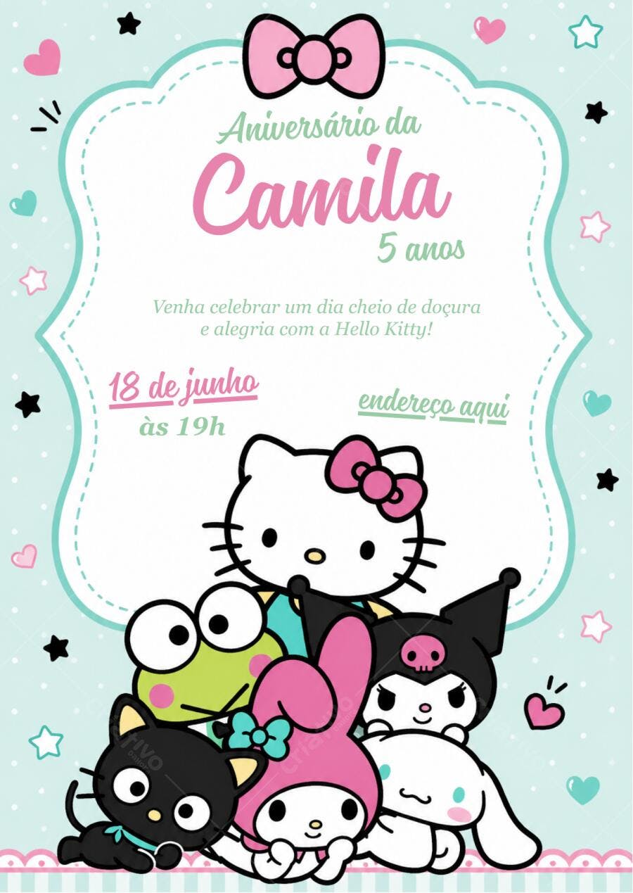Convite Aniversário Hello Kitty e Amigos 5 Anos Editável