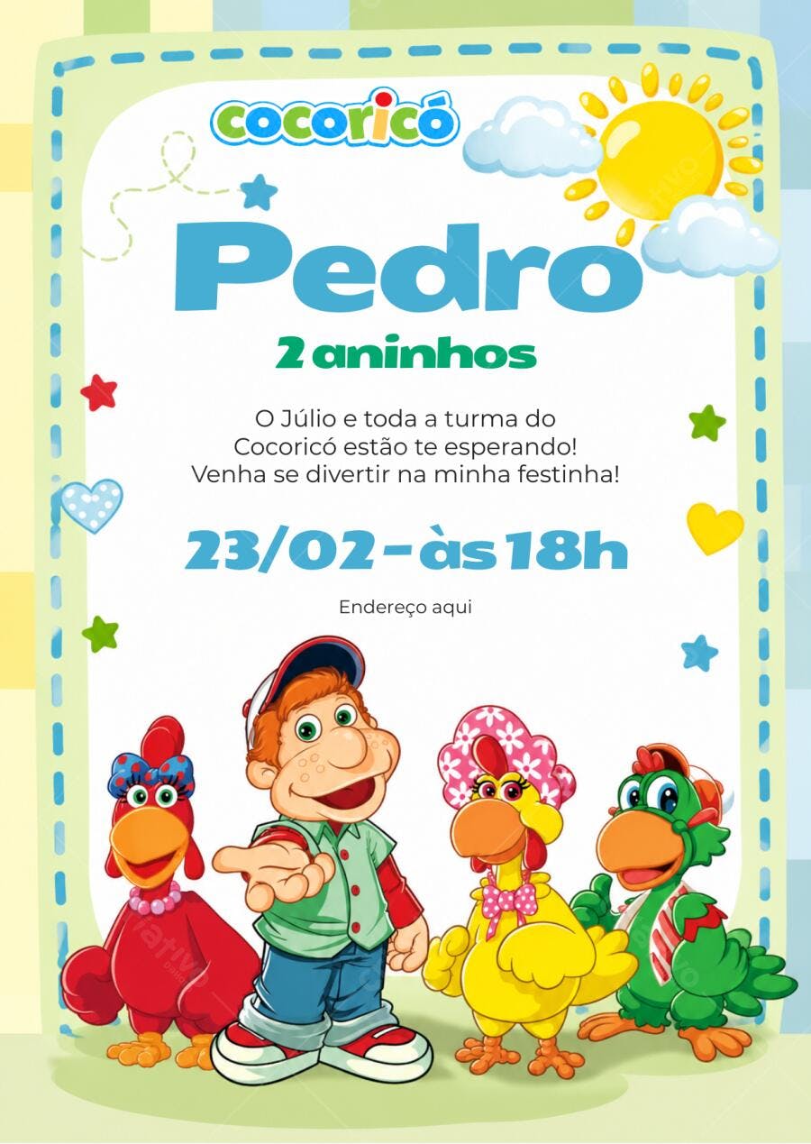 Convite Aniversário Infantil Cocoricó 2 Anos Editável