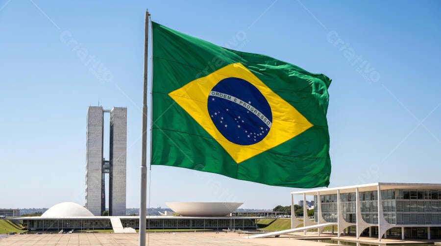 Foto Bandeira do Brasil Congresso Nacional Brasília Céu Azul