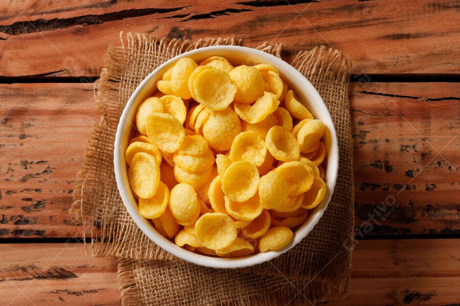 Foto Cereal Matinal Flocos de Milho Tigela Fundo Madeira
