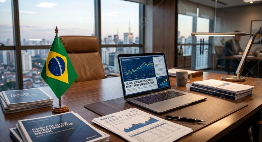 Foto Escritório Executivo Bandeira Brasil Notebook Gráficos Financeiros