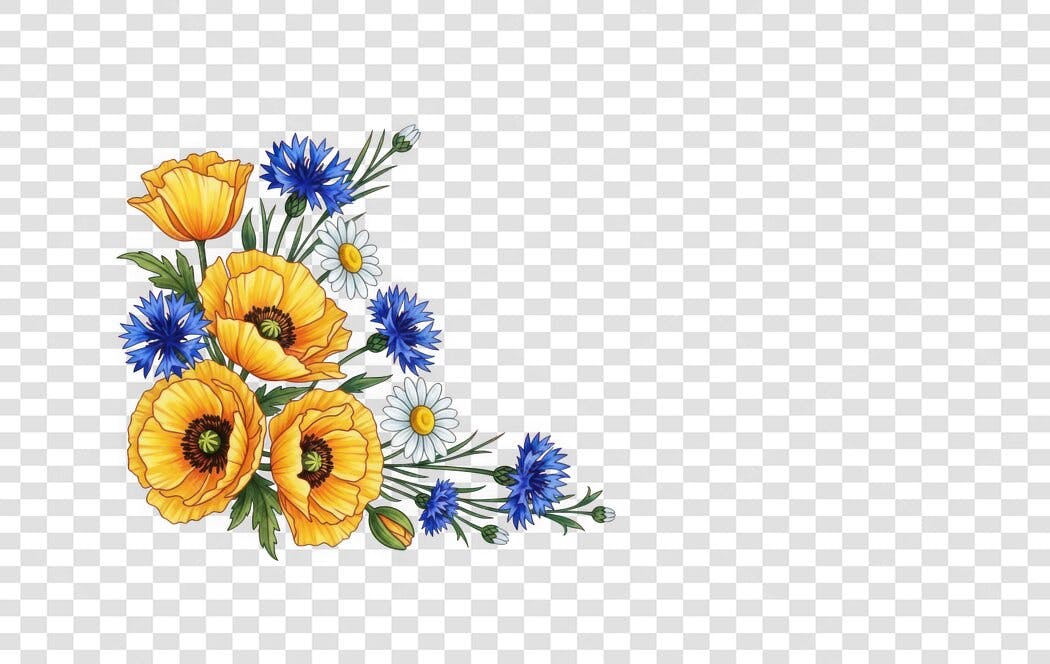 Clipart Floral Aquarela Amarelo Azul Decorativo PNG Fundo Transparente