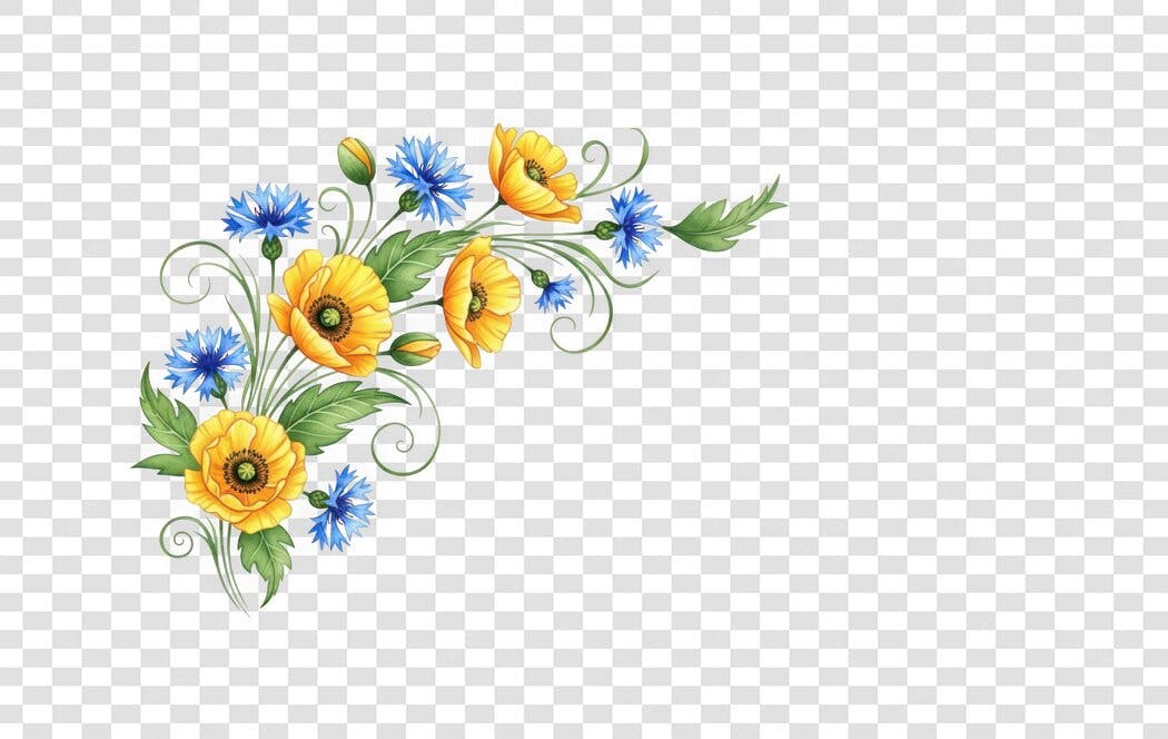 Clipart Floral Aquarela Amarelo Azul PNG Fundo Transparente