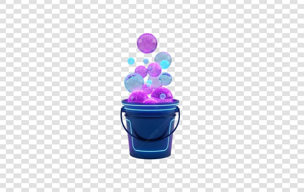 Elemento 3D Balde com Bolhas Roxas Azuis PNG Fundo Transparente
