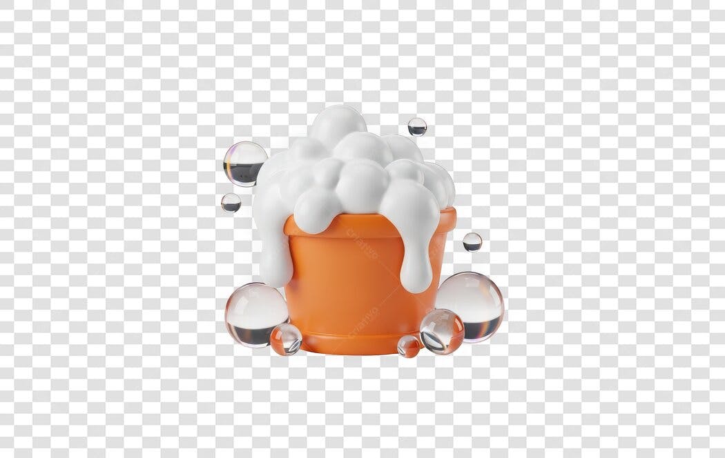 Elemento 3D Balde Laranja com Espuma e Bolhas PNG Fundo Transparente