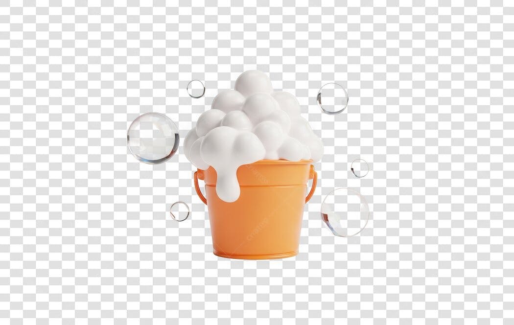 Elemento 3D Balde Laranja Espuma Bolhas PNG Fundo Transparente