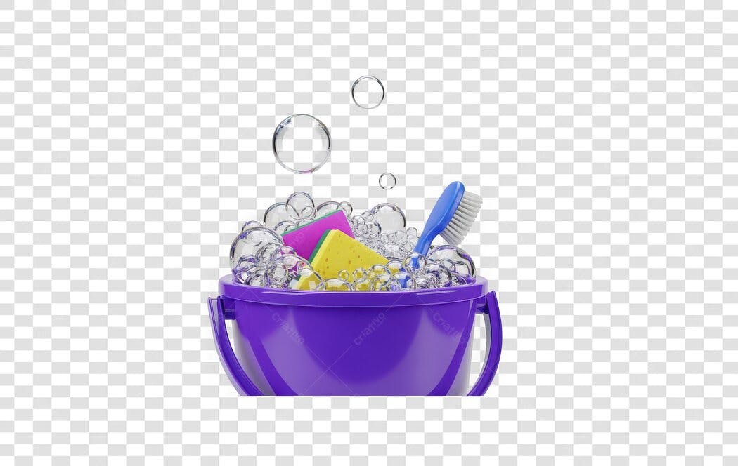 Elemento 3D Balde Roxo Limpeza com Espuma e Escova PNG Fundo Transparente