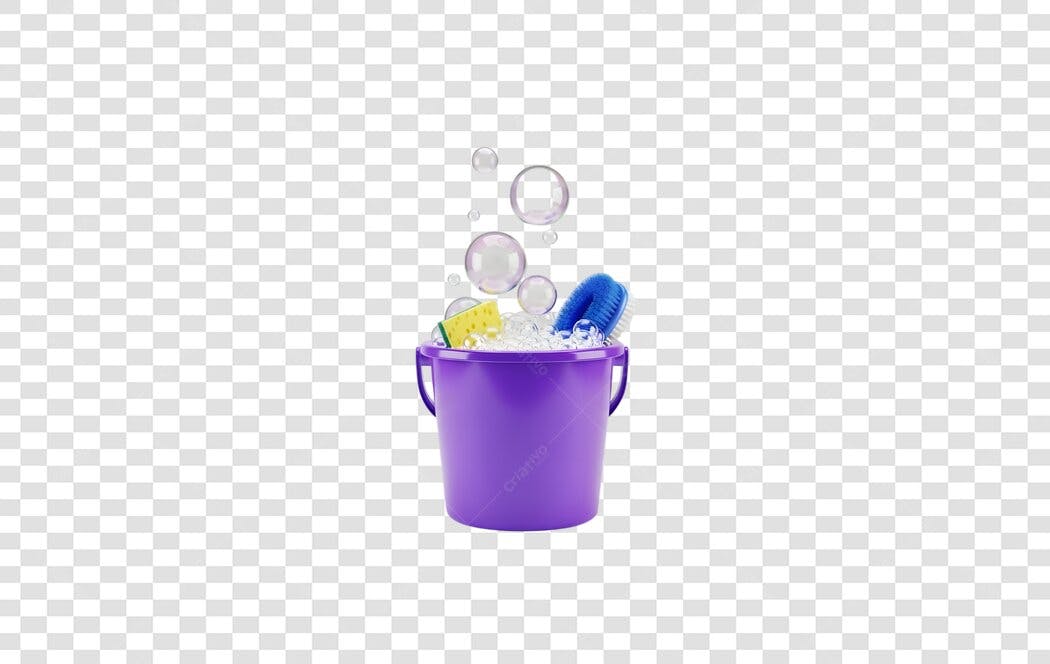 Elemento 3D Balde Roxo Limpeza com Espuma PNG Fundo Transparente