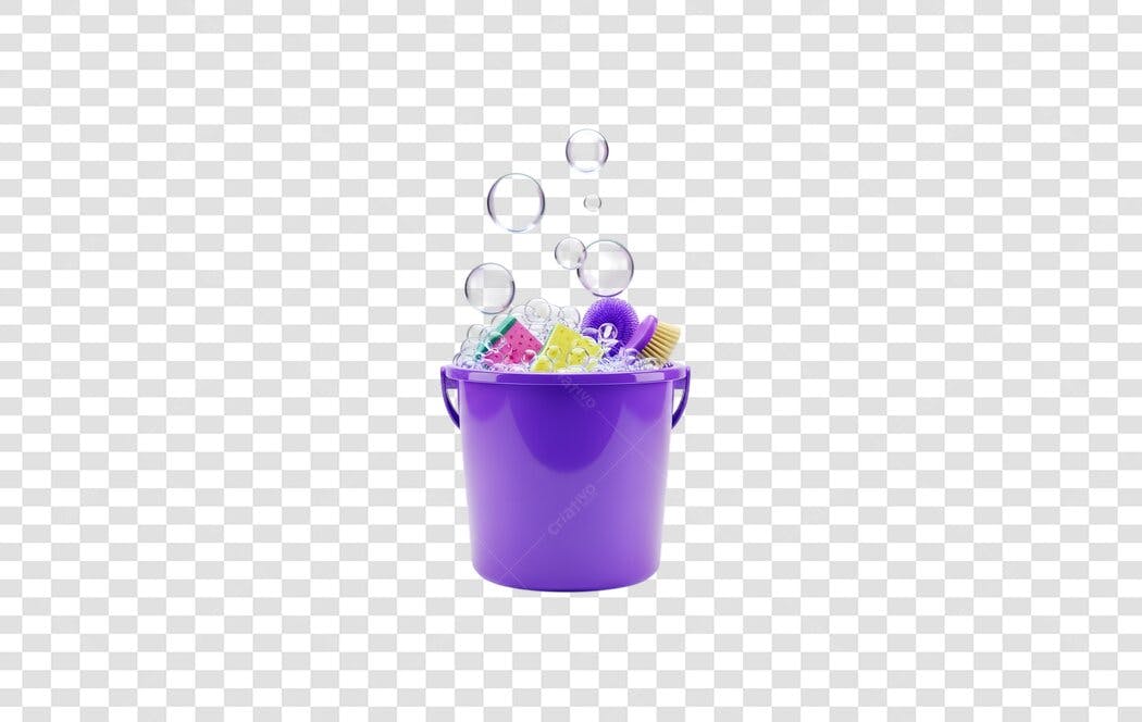 Elemento 3D Balde Roxo Produtos Limpeza Bolhas PNG Fundo Transparente