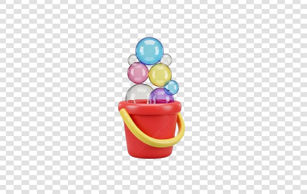 Elemento 3D Balde Vermelho Bolhas Coloridas PNG Fundo Transparente