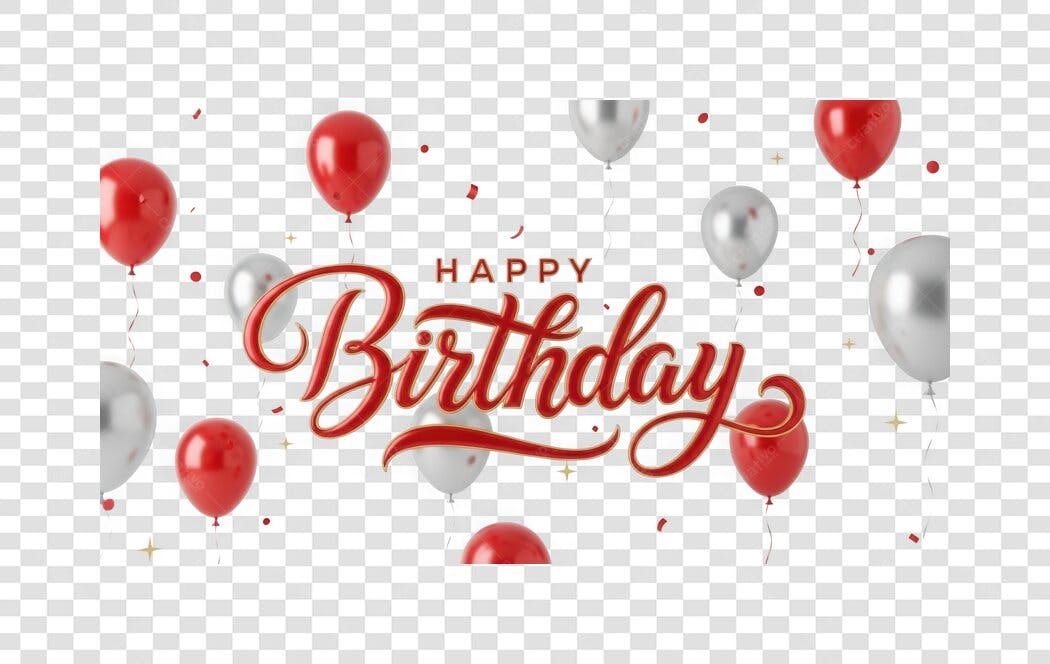 Elemento 3D Happy Birthday Balões Vermelhos Prata PNG Fundo Transparente