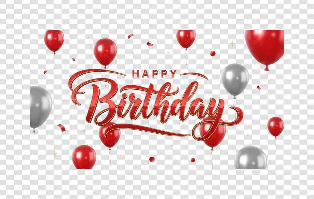 Elemento 3D Happy Birthday Balões Vermelhos Prata PNG Fundo Transparente