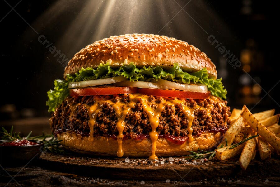 Foto Hambúrguer Artesanal Batata Frita Molho Cheddar Studio Escuro