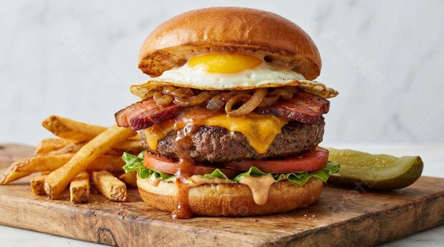 Foto Hambúrguer Artesanal com Ovo Bacon Batata Frita