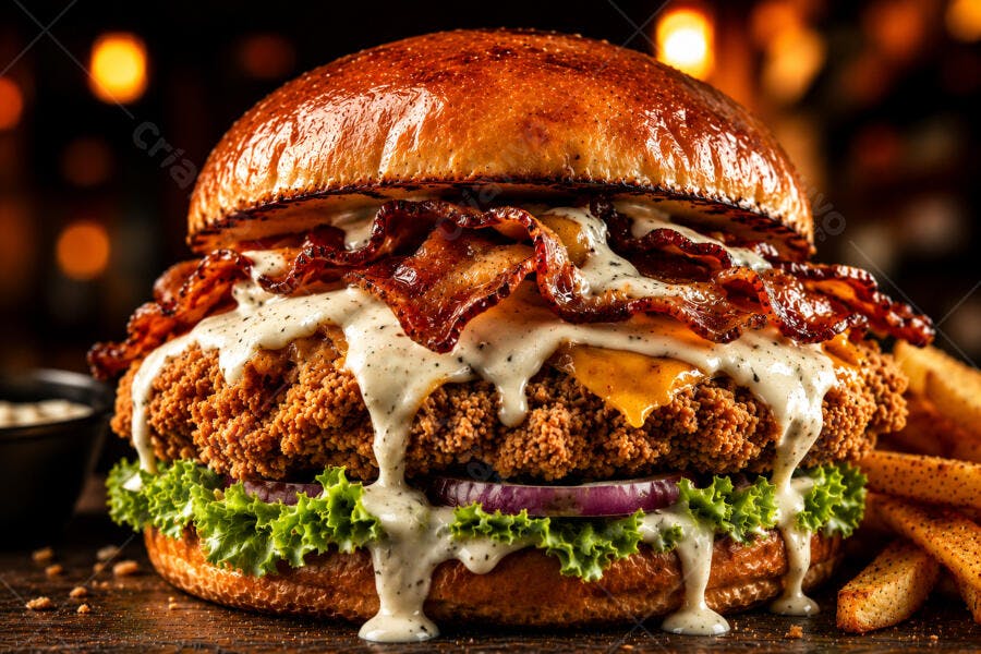 Foto Hambúrguer Artesanal Frango Crocante Bacon Molho Branco