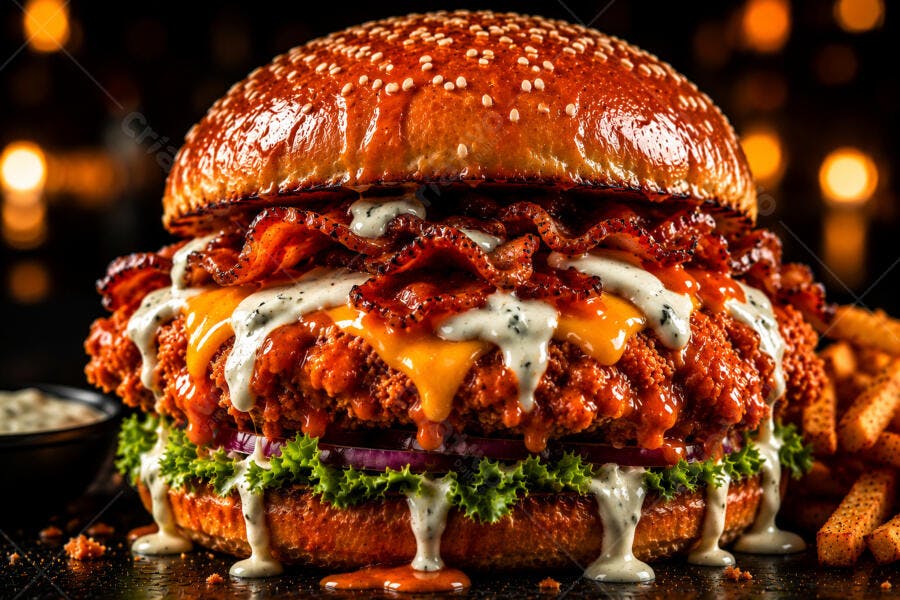 Foto Hambúrguer Artesanal Frango Crocante Bacon Queijo Batata Frita