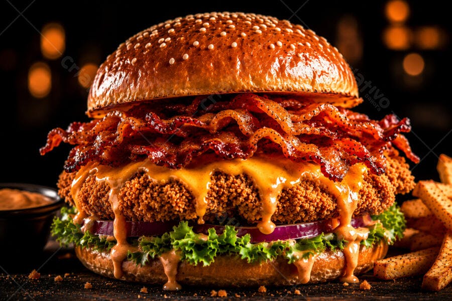 Foto Hambúrguer Artesanal Frango Crocante Bacon Queijo Cheddar