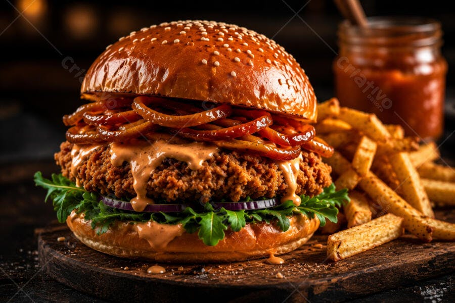 Foto Hambúrguer Artesanal Frango Crocante Batata Frita Molho