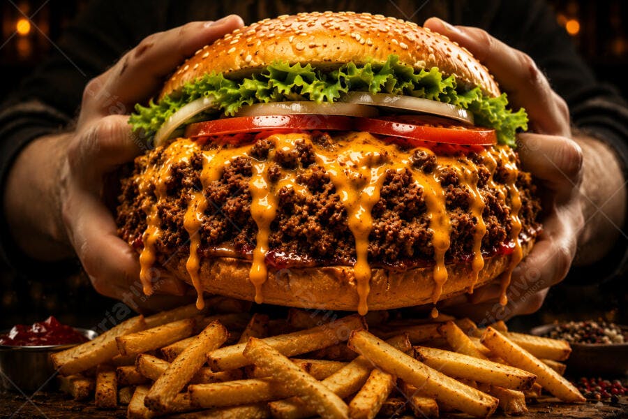Foto Hambúrguer Artesanal Gigante Batata Frita Mãos Segurando