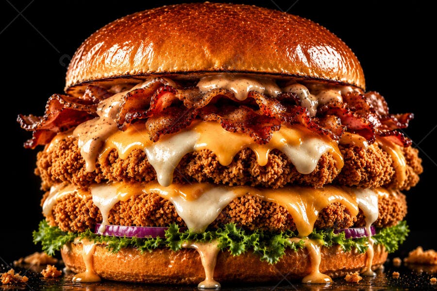 Foto Hambúrguer Duplo Frango Crocante Bacon Queijo Cheddar