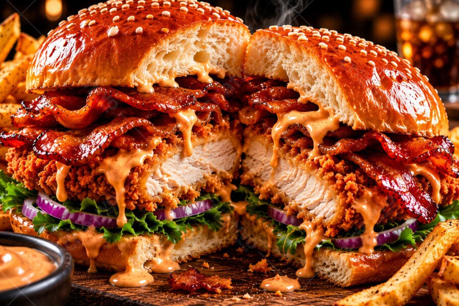 Foto Hambúrguer Frango Crocante Bacon Molho Queijo Batata Frita