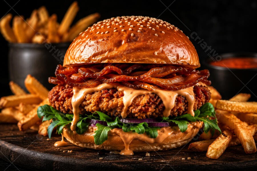Foto Hambúrguer Frango Frito Bacon Batata Frita Fundo Escuro