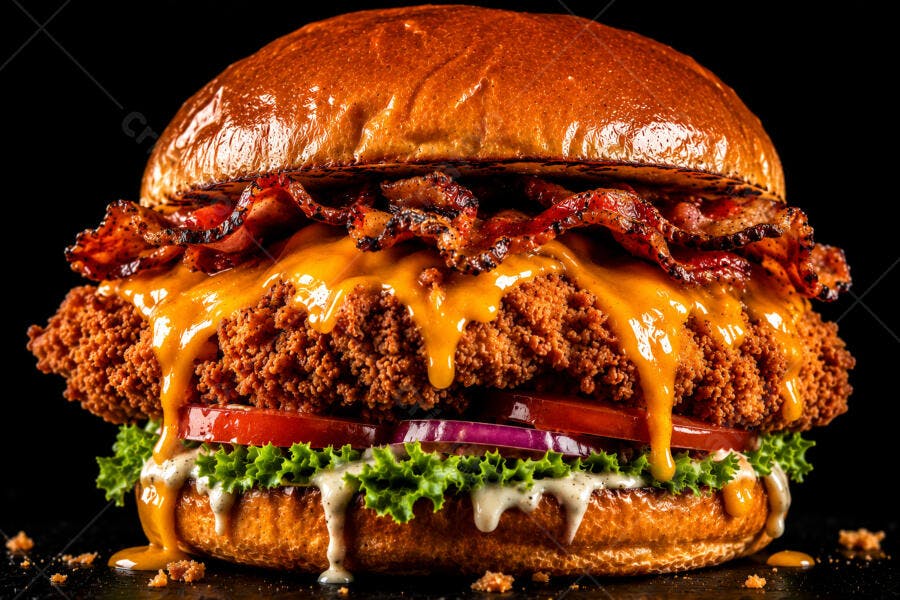 Foto Hambúrguer Frango Frito Bacon Queijo Cheddar Escuro